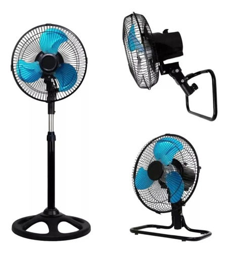 Ventilador Ventia 3 En 1. Piso/pared/pedestal 50 Cm 65w Negro Azul Plástico 3