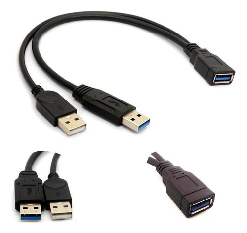 Negro Usb 3.0 Hembra A 2 Usb Macho Cable Divisor De