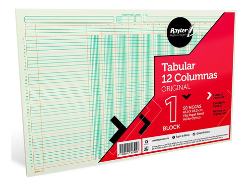 Block Tabular 12 Columnas Rayter Talonario Con 50 Hojas