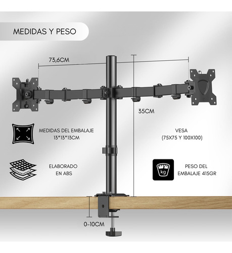 Soporte Doble Monitor Televisor Escritorio Brazo 17-27 3-6kg