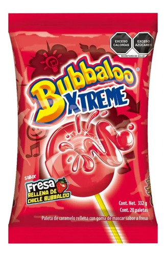 Paleta Bubbaloo Xtreme Fresa Relleno Chicle 20pz