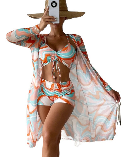 Bikini Con Estampado Completo Y Kimono De Pana For Cubrir