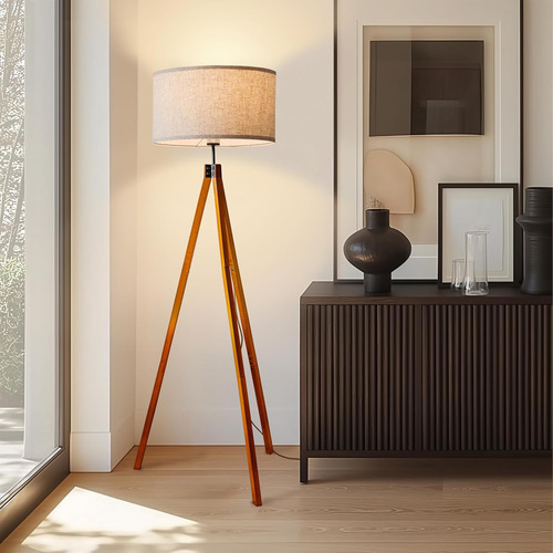 Lámpara Led De Pie Regulable Con Trípode De Madera