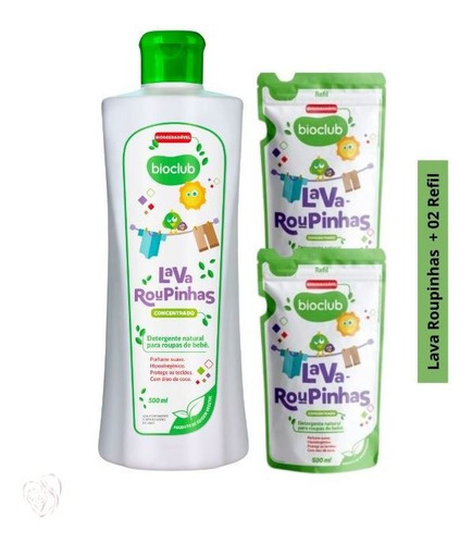 2 Refil Sabão Liquido 500ml + Sabão Lava Roupinhas Bioclub