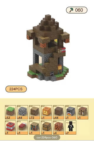 Bloco Magnético Minecraft Prédio Madeira 224 Pçs - 7 Bonecos 224 Prédio Madeira