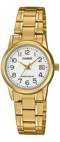 Reloj Casio Ltpv002 G-7b2 Mujer Fechador Pulsera Dorado Bisel Blanco Fondo Blanco LTP-V002G-7B2