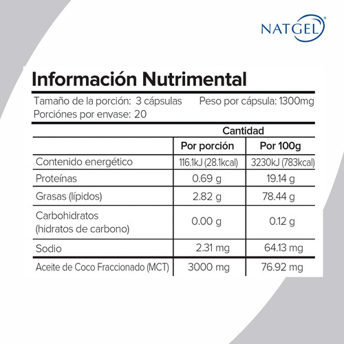 MCT OIL | Aceite de Coco Fraccionado Puro | 60 Cápsulas 1.3g | Trigliceridos de Cadena Media | Natgel