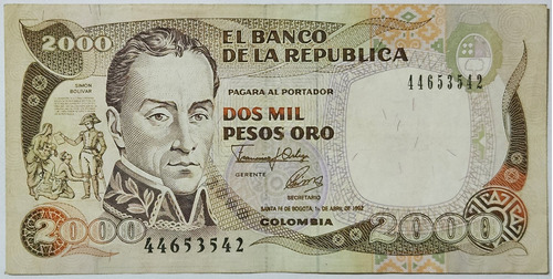 Billete 2000 Pesos 01/abr/1992 Colombia Xf