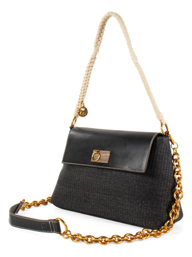 Bolsa Satchel Cloe Para Mujer Look Tejido Broche Magnético Color Negro