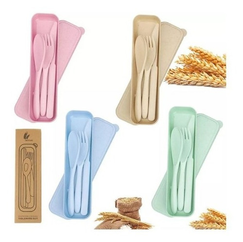 6 Sets De Cubiertos De Fibra Trigo Ecológicos Con Estuche
