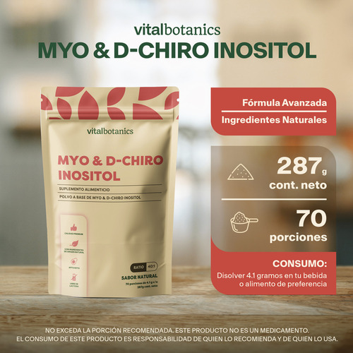 Myo Dchiro Inositol 40:1 Polvo 287g Suplemento Vitalbotanics Sabor Sin sabor