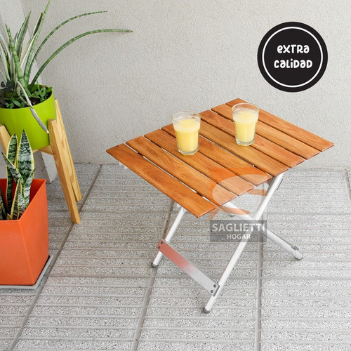 Imagen 5 de 10 de Mesa Plegable Ratona Aluminio Madera 60x50 Balcon Camping