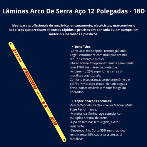Lâminas Arco De Serra Aço 12 Polegadas - 18d Fertak