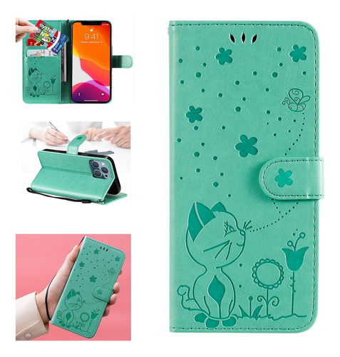 Funda De Cuero Con Estampado De Abeja Gato For iPhone 13 Pr