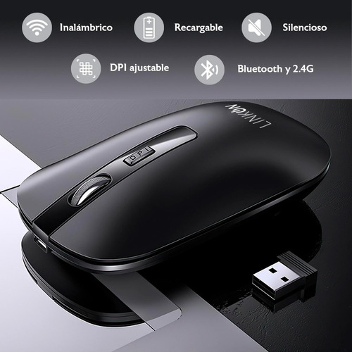 Mouse Inalambrico Dual Bluetooth Usb Recargable Para Mac Win Color Negro
