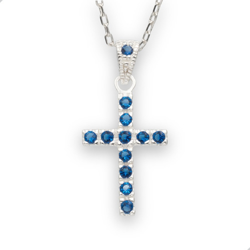 Colgante Cruz Pequeña Azul Zafiro Plata Fina 925 | M473