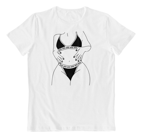 Dtf - Polera Blanca Algodon - Silueta Girl Sexy Art En B/n