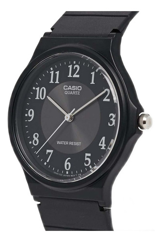 Reloj de pulsera Casio Collection MQ-24 de cuerpo color negro, analógico, fondo negro, con correa de resina color negro, agujas color blanco, dial blanco, minutero/segundero blanco, bisel color negro y hebilla simple