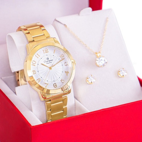 Relógio de pulso Champion CN25118 com corpo dourado,  analógico, para feminino, fundo  branco, com correia de aço inoxidável cor dourado, agulhas cor dourado, subdials de cor dourado, ponteiro de minutos/segundos preto, bisel cor dourado