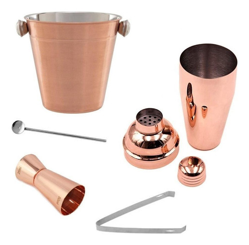 Kit Barman 5 Peças Coqueteleira Balde De Gelo Inox Rose Gold