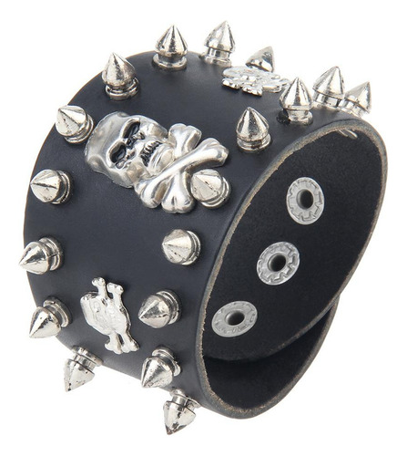 Brazalete Ancho Cuero Con Cráneo Y Remache Gótico Negro