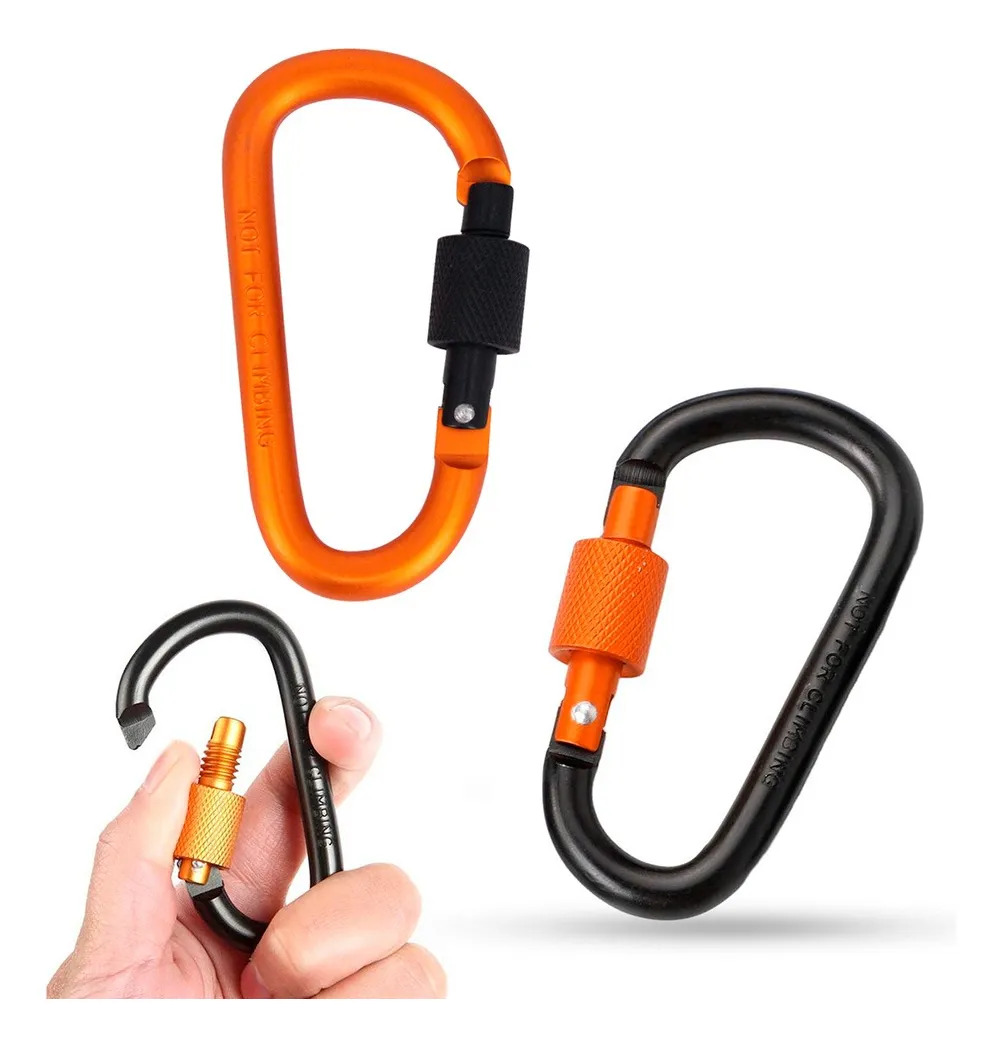 Kit 2 Mosquetão Rosca Gancho Alumínio Chaveiro Multiuso 8cm Cor Preto E Laranja