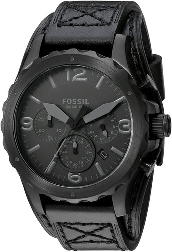 Reloj Fossil Nate Jr1510 Correa Cuero Negro All Black Hombre