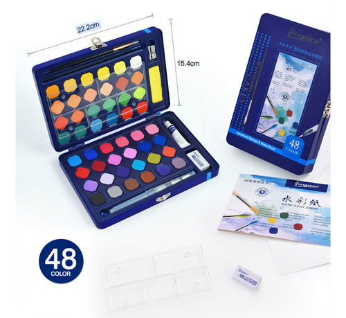 Kit De 48 Colores Pintura Acuarela Pastilla Caja Metalizada