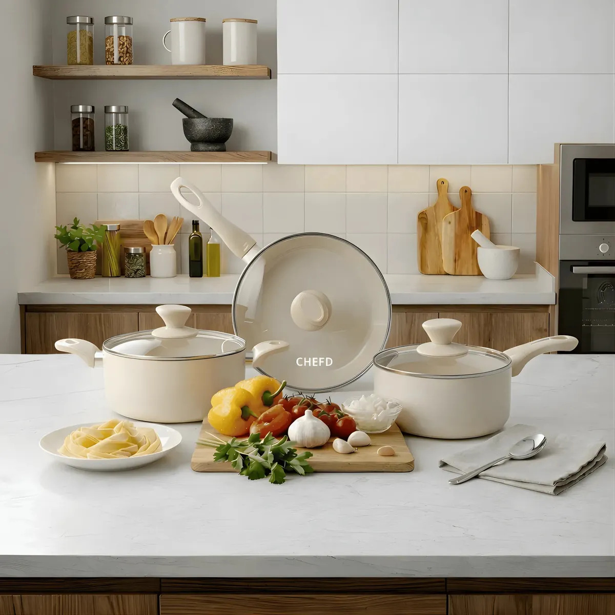 Jogo de Panelas  Antiaderente CHEF D para Fogão Indução Gás Elétricos Kit Creme com 6 Peças 3 Panelas Com 3 Tampas Conjunto Panela Caçarola Frigideira Completo Diferentes Receitas e Preparos