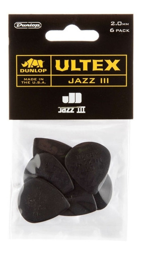 Kit 6 Palhetas Dunlop Ultex Jazz 2.00mm 427p Made In Usa Cor Preto