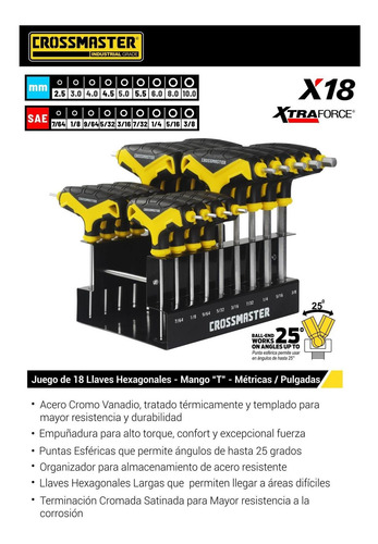 Imagen 2 de 3 de Juego 18 Llaves Mango T Hexag Métr-puLG Crossmaster 9943605