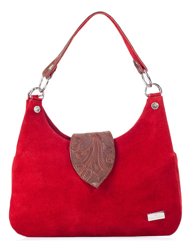 Bolso De Piel Y Gamuza Con Faja Piel Grabada Artesanal Bolsa Color Rojo Diseño de la tela Irma rojo grabado