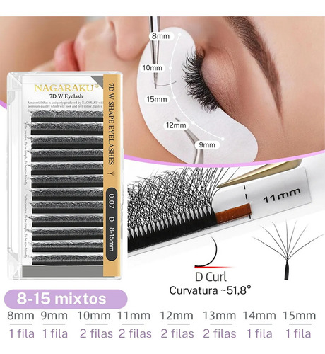 Blister Nagaraku W 7d Mix Y Medida Extensiones De Pestañas Color 11mm .07d Espesor 0.07 Mm Tipo De Curvatura D