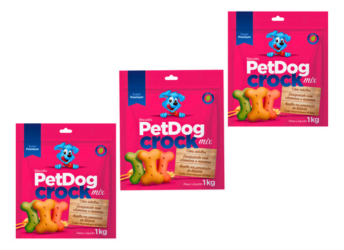 Biscoito Pet Dog Crock Mix Para Cães Kit 3 Uni 1kg