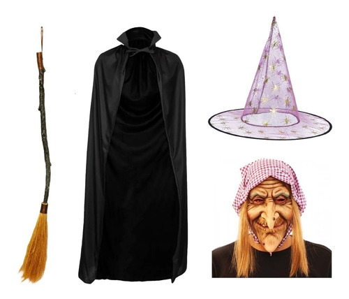 Set Disfraz De Bruja Halloween Capa Escoba Mascara Sombrero