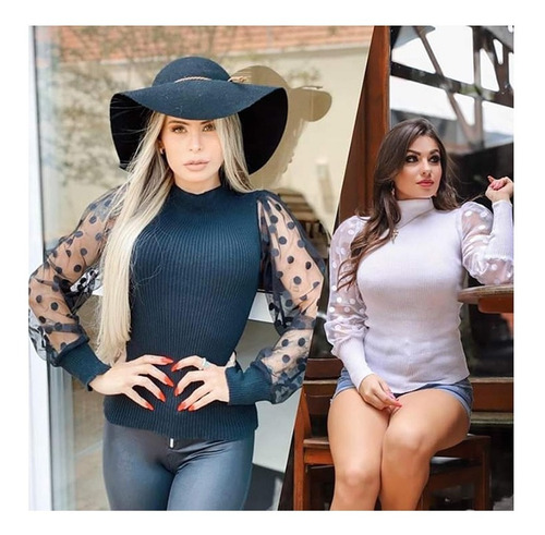Imagem 4 de 4 de Blusa Camila Tule Poá Trico Inverno Bufante Gola Alta