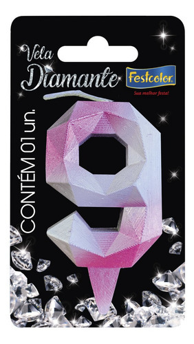 Vela Diamante Rosa Prateado - 01 Unidade - Festcolor Opção Nº 9
