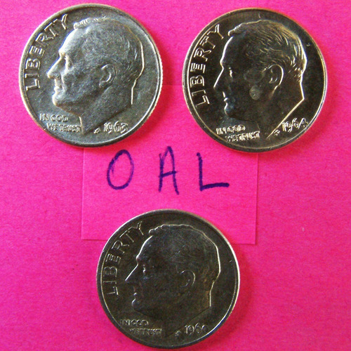 1952 1955 S 1964 (3) Roosevelt Dime Plata .9 10c Centavos Au