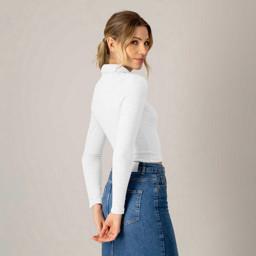 Blusa Corta Manga Larga Cremallera Mujer Cuello V Ajustada