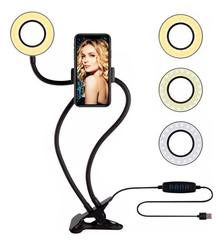 Anillo Luz Led Selfie Ring Celular Soporte Foto Luz Camara ® Color Negro