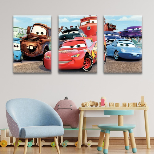 Cuadro Tríptico Decorativo Moderno 130x60cm Cars