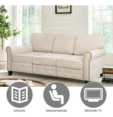 Sofa De Lino 3 Plazas Con Patas De Madera Beige Beige Diseño De La Tela