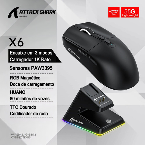 Ratón Bluetooth Attack Shark X6 Para Videojuegos Pixart Paw3