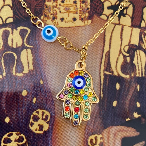 Imagen 6 de 8 de Ojo Turco Mano De Fatima Dije Collar Mujer Protección Acero