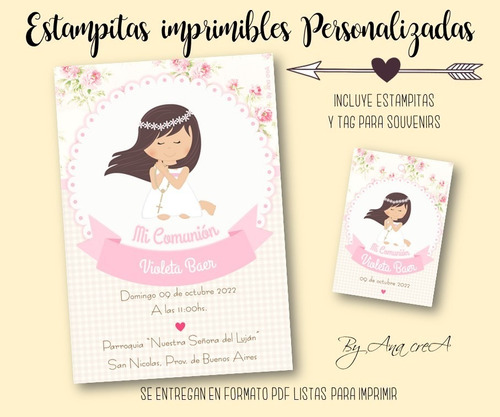 Tarjetas Comunión Estampita Para Imprimir Nena Rosa Mod.2