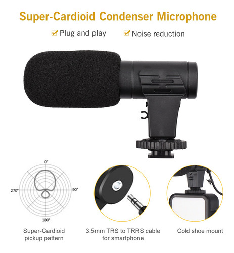 Kit De Grabación Vlog Luz De Video Led+super Cardioide