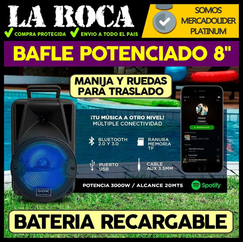Bafle Potenciado 8 3000w Bluetooth Usb Sd Bateria Luces Led