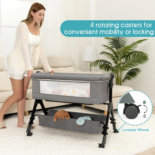Baby Bassinet Bedside Sleeper 3-in-1 W/ Wheels & Storage Gre