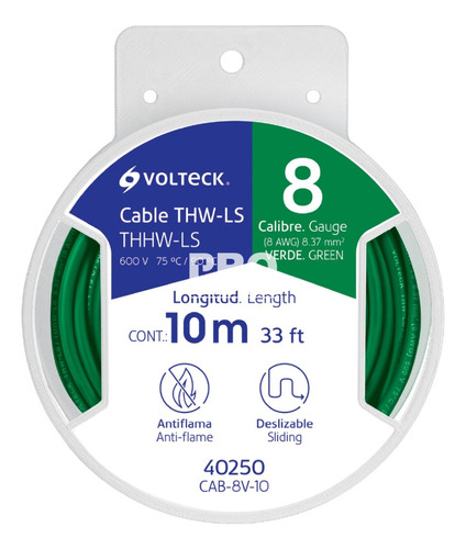 Carrete 10 M De Cable Thhw-ls 8 Awg, Volteck 40250 Cubierta Verde