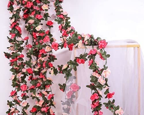 Guirnaldas De Flores Artificiales 6u. De 2.5m/ Rosadas
